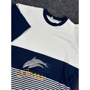 VTG Greece Dolphin Embroidered Striped T Shirt XXL Navy White Made in Greece